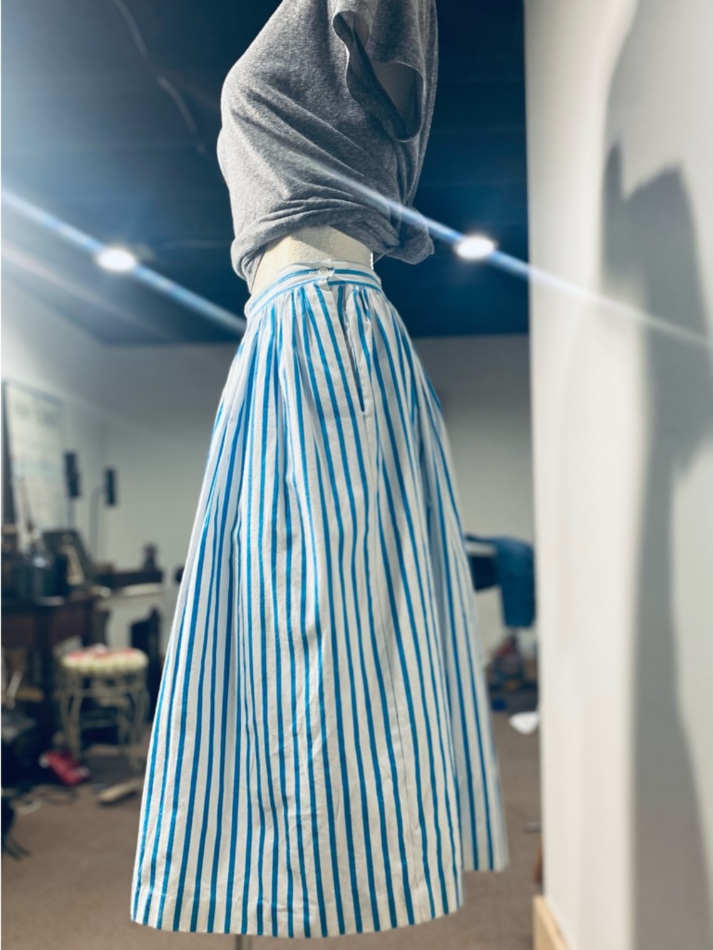 Avocado Vintage  White and Blue Vertical-Stripe A-Line Midi Skirt